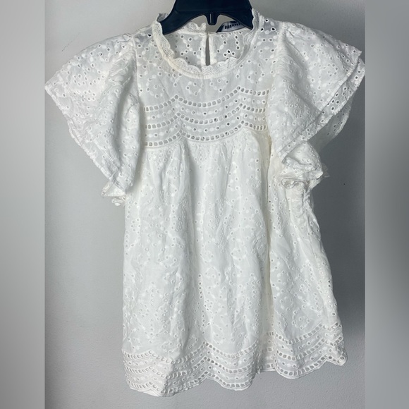 BCBGMAXAZRIA Women’s Sz XXS Cotton Eyelet Ruffle Top Off White Retails 198 - Picture 3 of 7